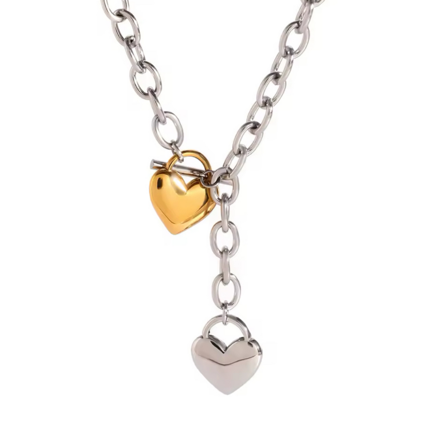 Collar Corazones Bicolor con Broche T – Acero Inoxidable Estilo Moderno