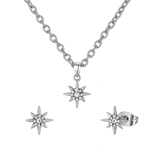 “Set de collar y aretes en forma de estrella polar con circonias brillantes en acero inoxidable plateado”
