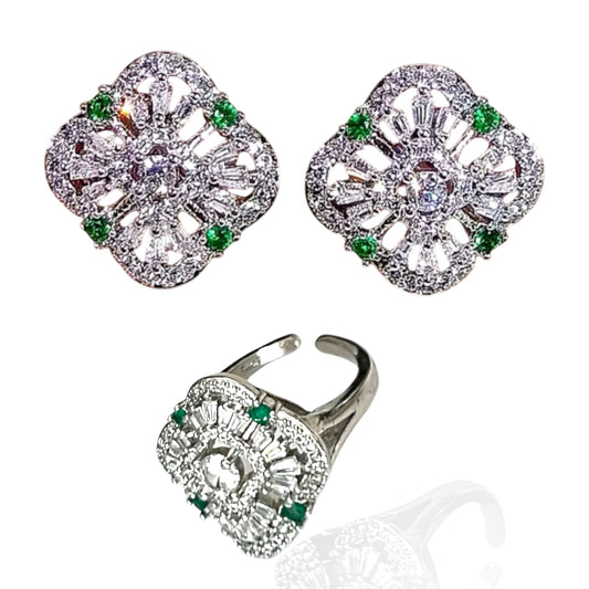 Set de bisutería fina con diseño floral y piedras verdes, incluye aretes y anillo ajustable
