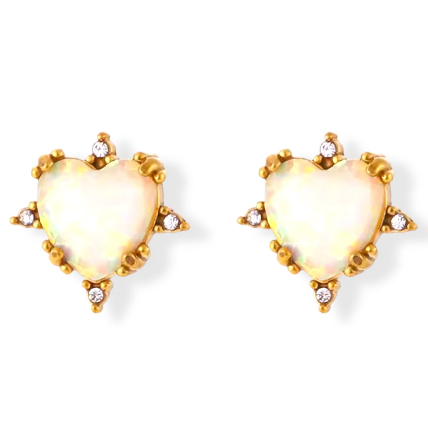 Aretes de Set  con piedra tipo ópalo en forma de corazón de acero inoxidable dorado