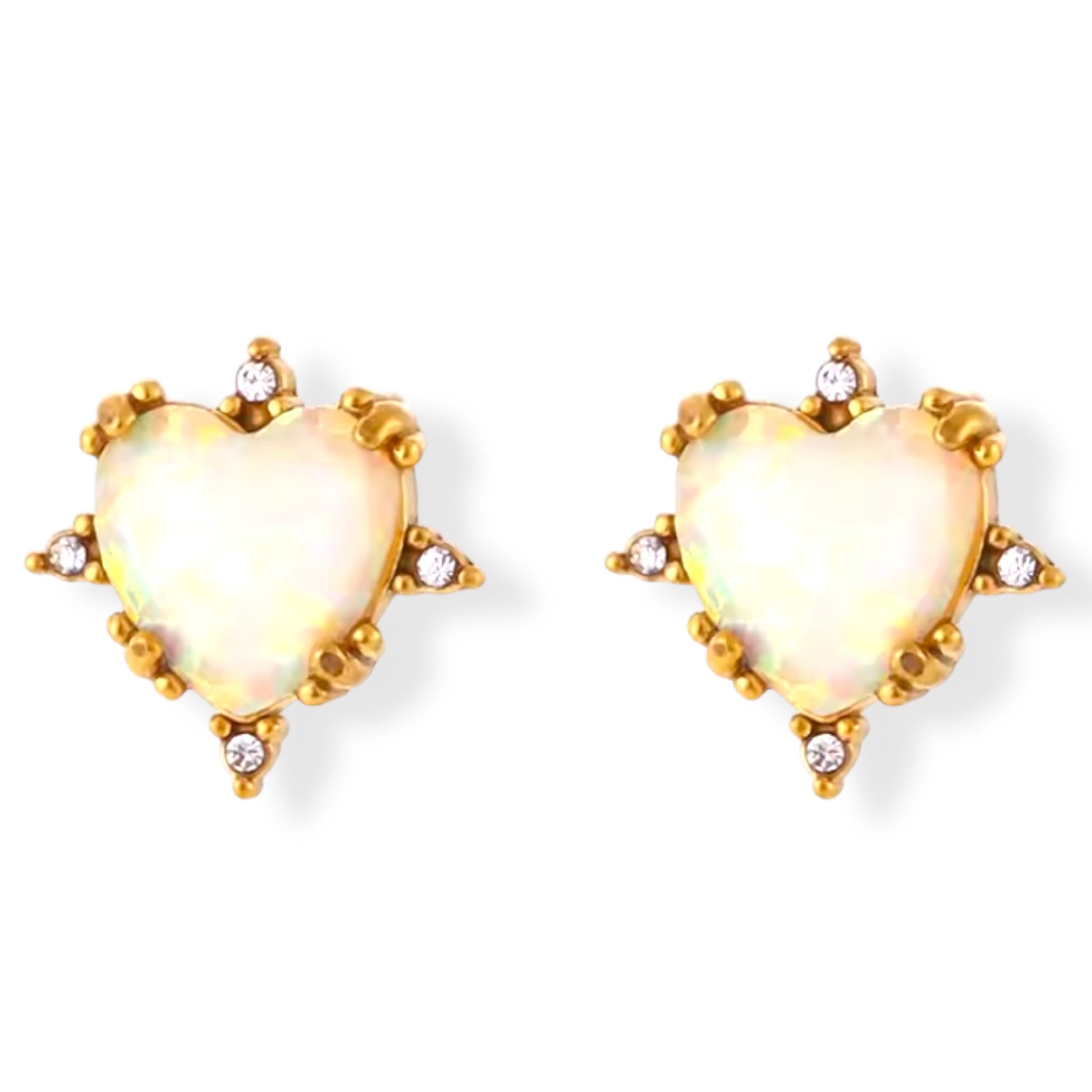 Aretes de Set  con piedra tipo ópalo en forma de corazón de acero inoxidable dorado