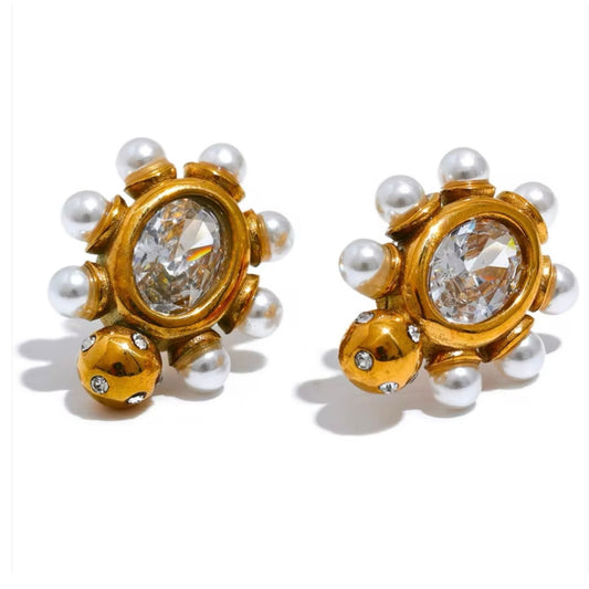 Aretes de Acero Inoxidable con Perlas de Imitación y Zirconia