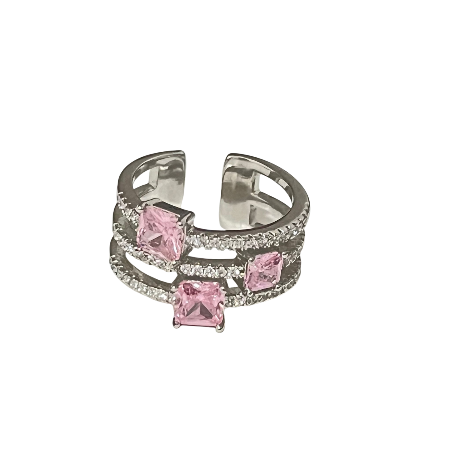 Anillo ajustable con tres piedras rosa – Estilo moderno y femenino