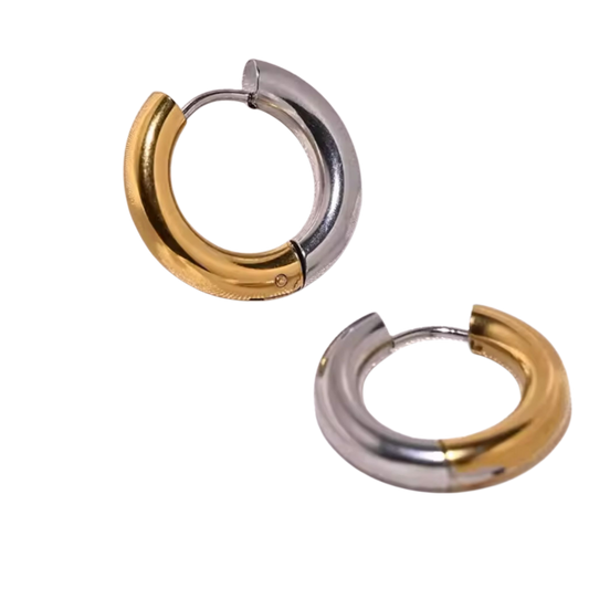 Arracadas de Acero Inoxidable Bicolor Chapados en Oro 18K y Plata - Diseño Grueso